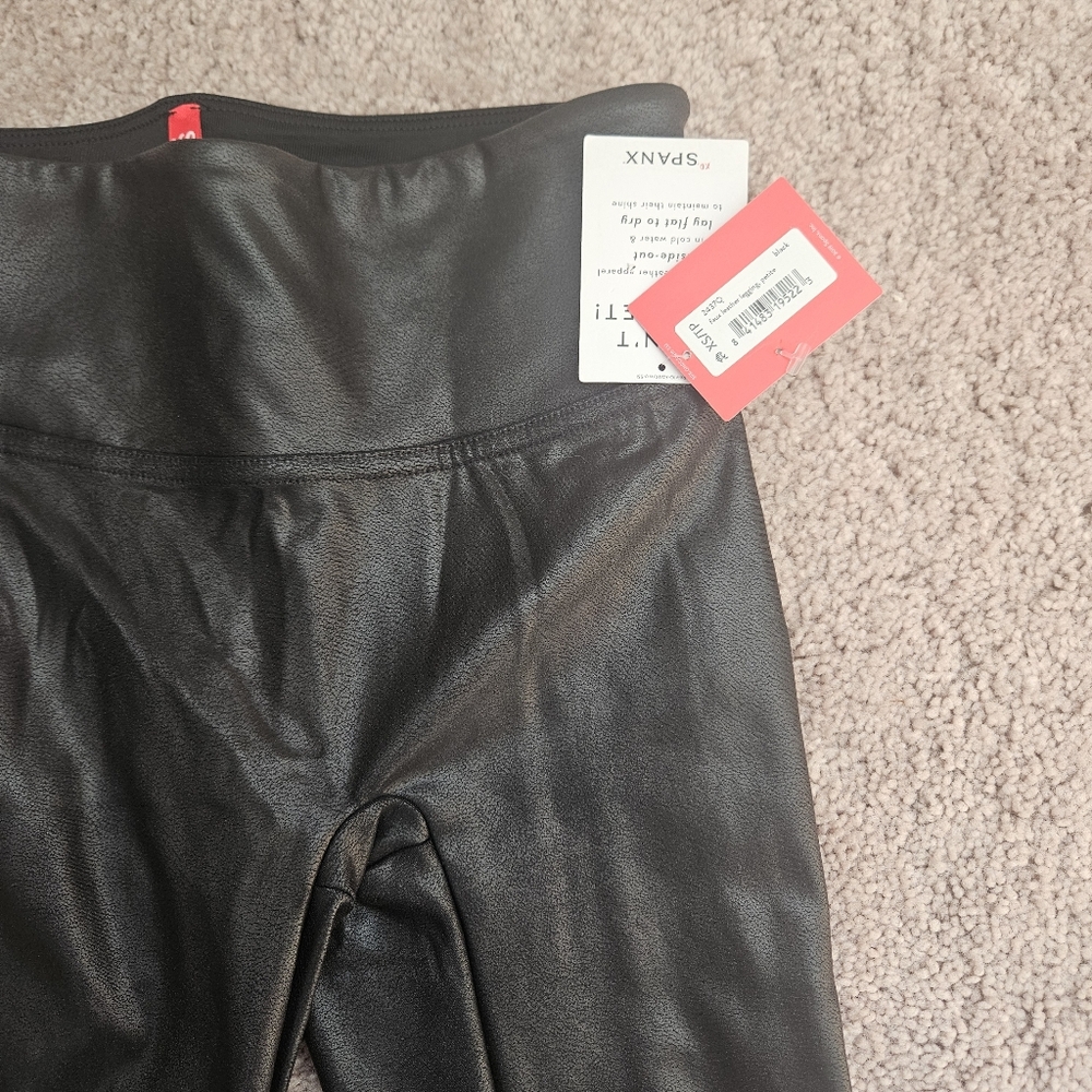 SPANX Faux Leather Shiny Black Leggings 2437Q XSP New With Tags NWT bodycon